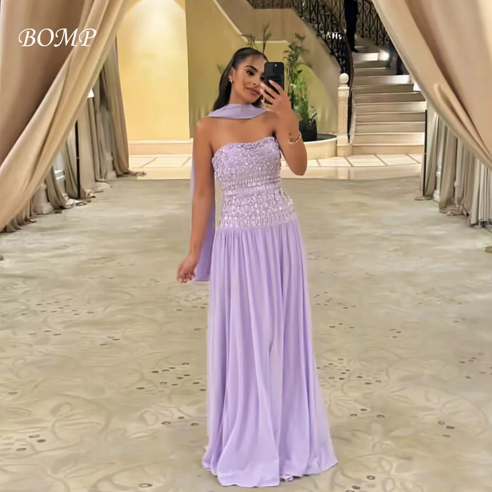 

BOMP Elegant Purple Applique Evening Dress Strapless Draped Floor Length Satin Special Occasion Birthday Party Dresses Custom