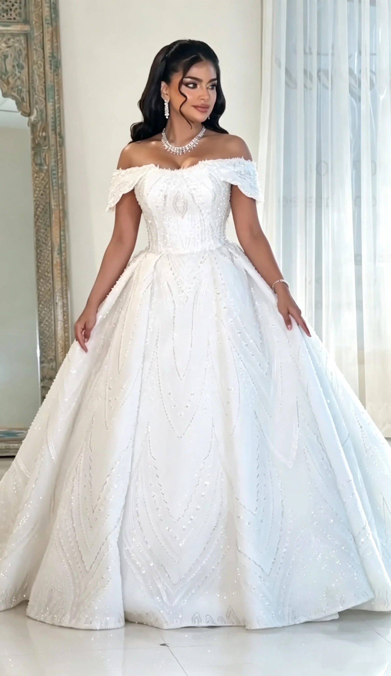 Customized Off Shoulder Bead Ball Dress Sparkling Diamond A-line White Wedding Dress Church Train Luxury Princess Bride Dress