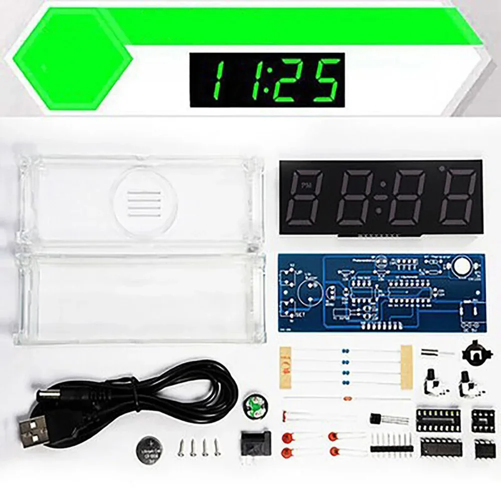 Kit de reloj Diy, 4 módulos LED, tubo Digital, alarma de temperatura, pantalla semanal 51 MCU DS1302, 4,53x1,57x1,26 pulgadas para medir la temperatura
