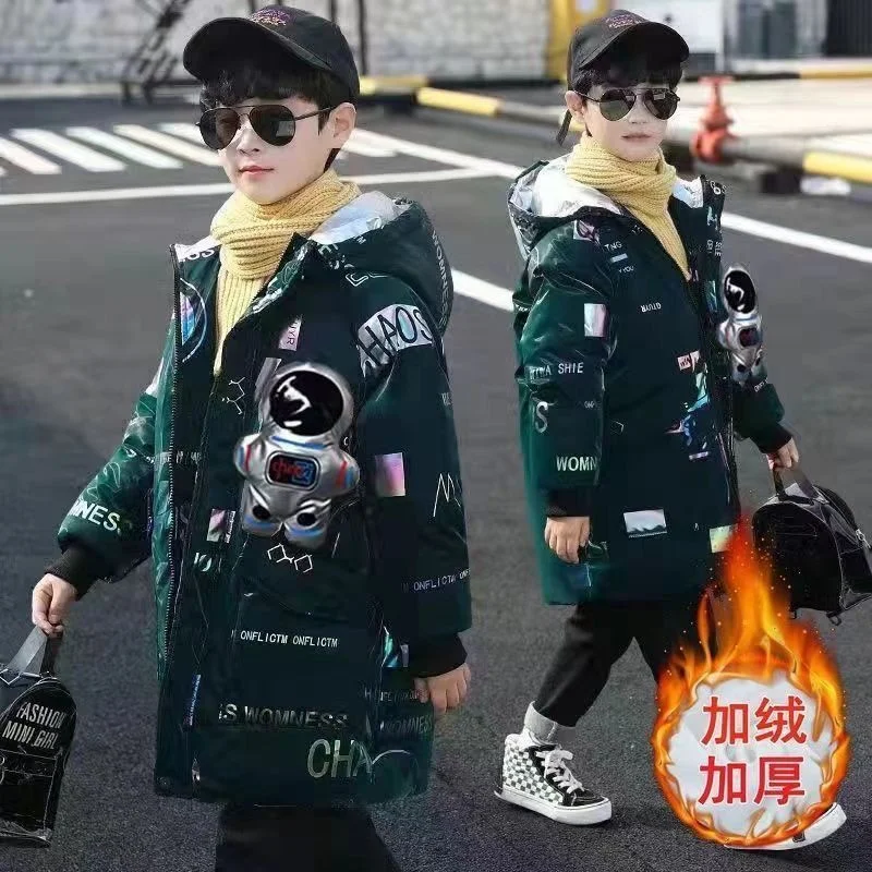 Boys Padded Long Jackets -30℃ Winter Kids Print Mid-Length Warm Coat Cold Protection Hooded Cotton Parka Outerwear 5-12 Years