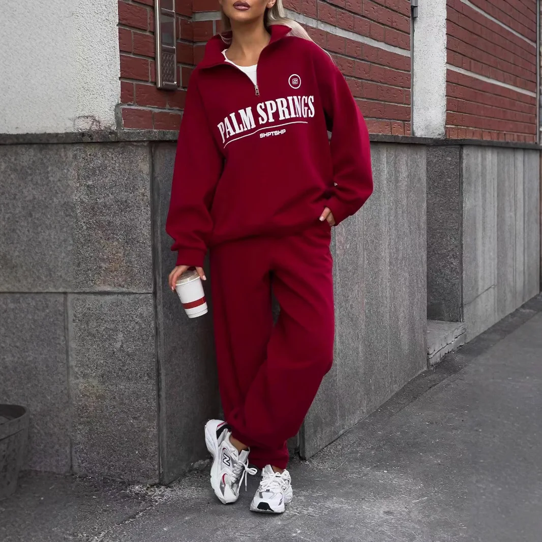 

Letter Print Half Zipper Sweatshirt And Jogger Trouser Two Piece Set High Collar Pullover Tops + Long Trouser Female Outfits
