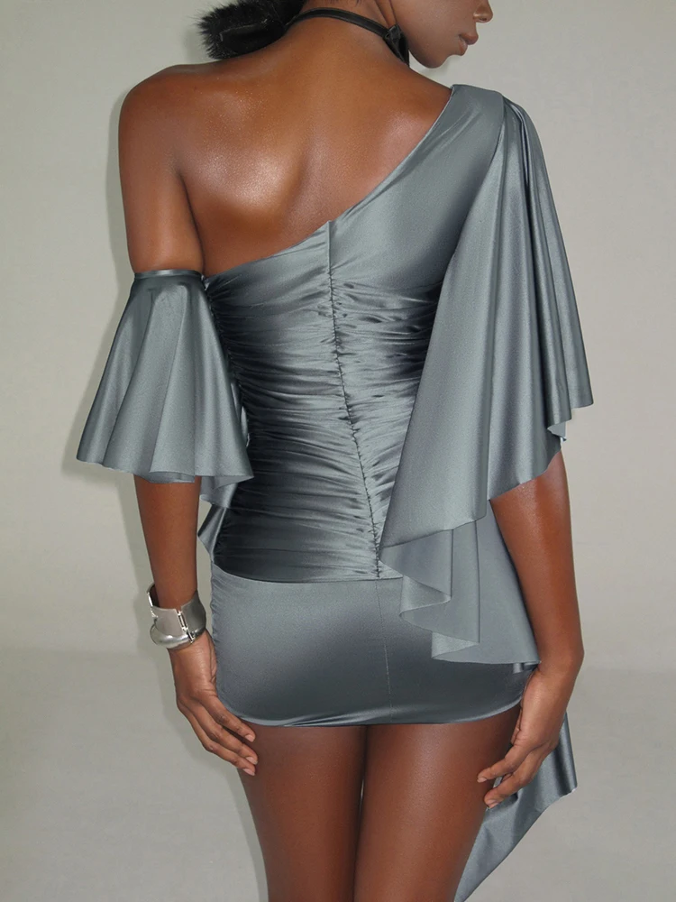 Nibber Off-Shoulder Mini-Kleid für Damen, sexy, modisch, schräger Kragen, ausgestellte Ärmel, eng anliegend, pfirsichfarben, Hüftbetonung, für Mitternachts-Club-Partys, elegant, figurbetont – Detail 2
