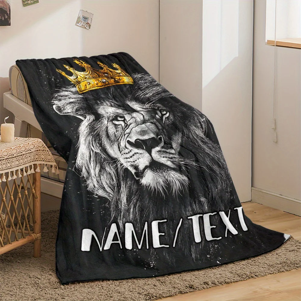 Custom Name Noble Lion Flannel Blanket - Lightweight, Soft, and Warm Digital Printed Throw for Sofa, Bed, Travel, Camping, Offic
