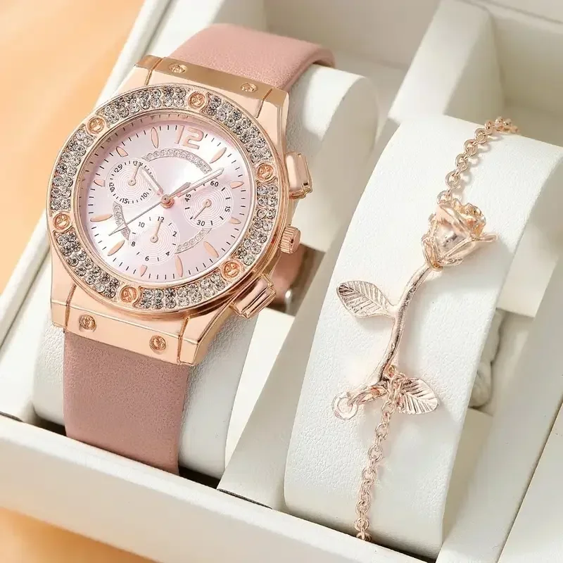 2Pcs Set Women Diamond Watch Starry Square Dial Bracelet Watches Set Ladies Leather Band Quartz Wristwatch Female Clock