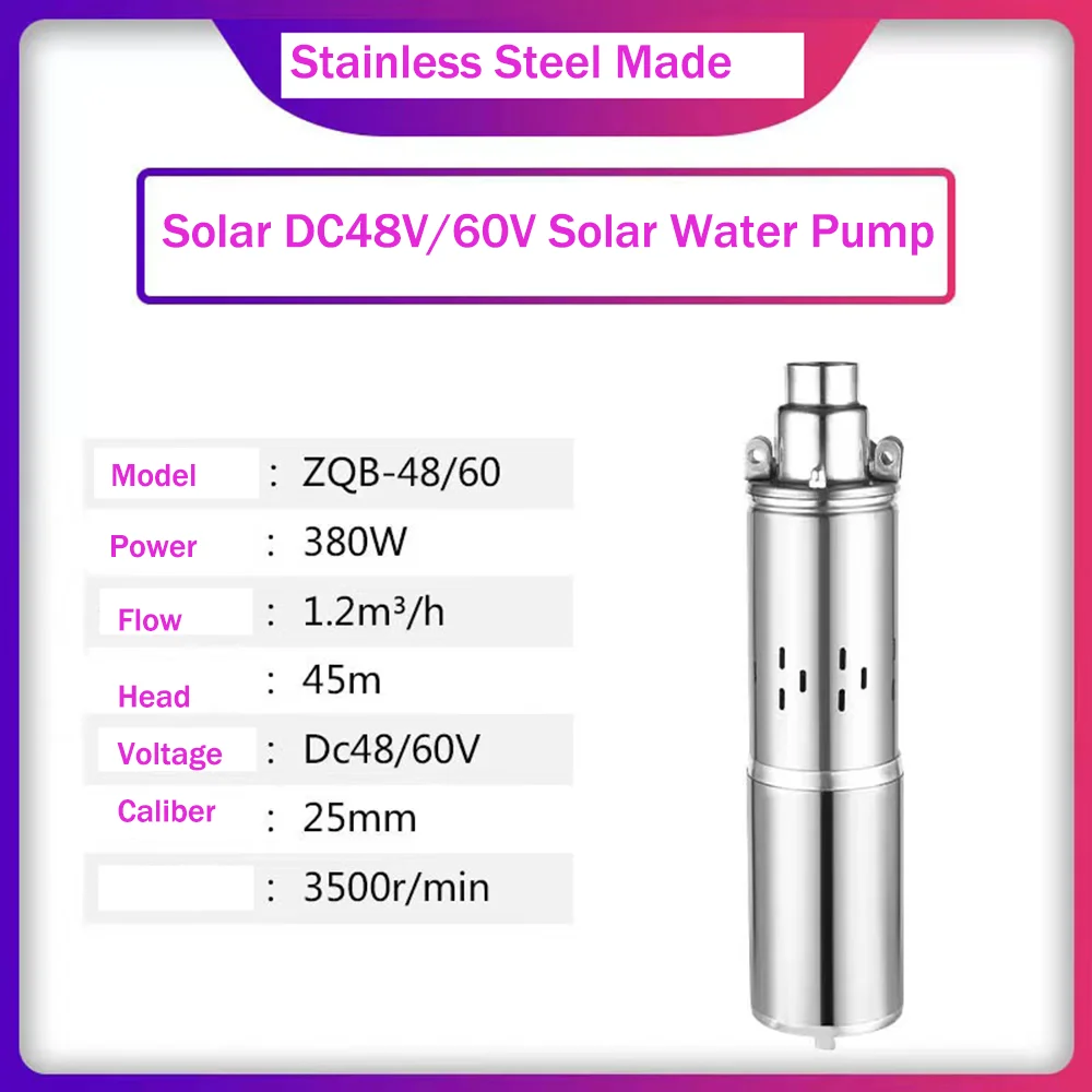 

380W DC48V/60V solar DC water pump stainless steel material made solar pv Submersible Pump Head lift 45M flow rate 1.2tons/H