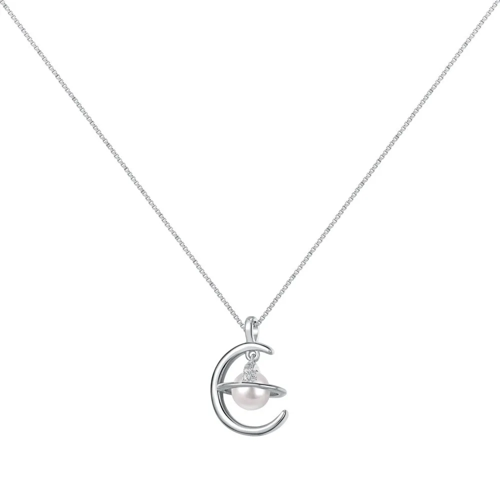 925 Sterling Silver Necklace, Female Saturn Ring, Moon, Freshwater Pearl Pendant, Elegant and Elegant Clawbone Chain