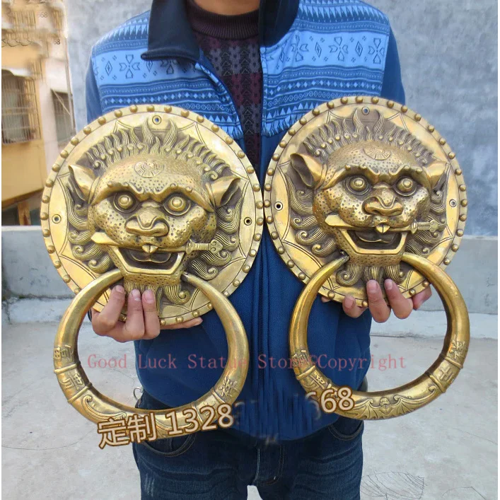 Poignée de porte de 44CM grand maison exorcise | Mascotte aux mauvais esprits des entreprises prospères Lions spirituels, sonnette en cuivre FENG SHUI