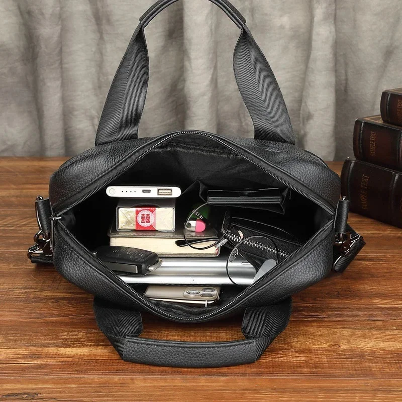 Genuine Leather Vertical Men's Briefcase With Zipper Business Cowhide Handbag MultiFunction Male Shoulder Messenger Bag