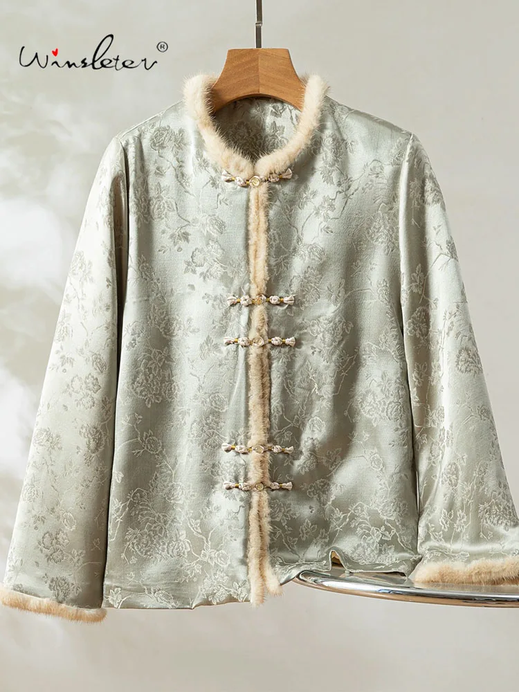 

Winsleter-30%Silk 70%Wool Elegant Coat, Mink Fur Patchwork, Women New Chinese Style Jacquard Loose Coat, 2025 Winter C5N938CC