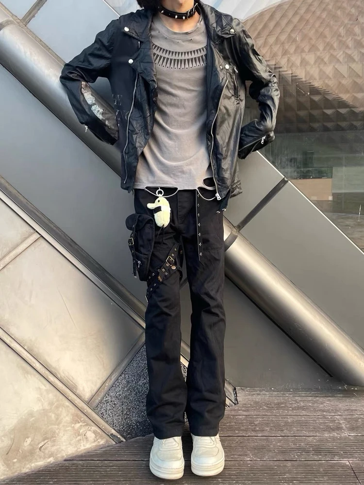 

Bla B Cargo Pants Men's High Street Workwear Trousers Belted Gun Holster Straight Leg Cotton Gothic Sle Casual Pants