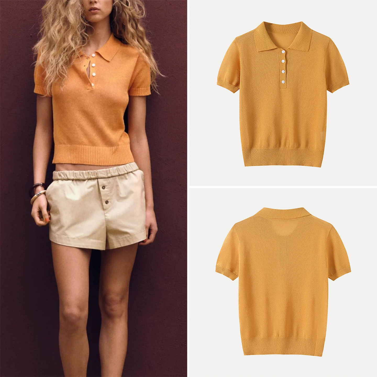 

Faionable Knitted ort Sve irt for Women Summer New Arrival Color Slim Fit Commute Sle Polyester Fiber