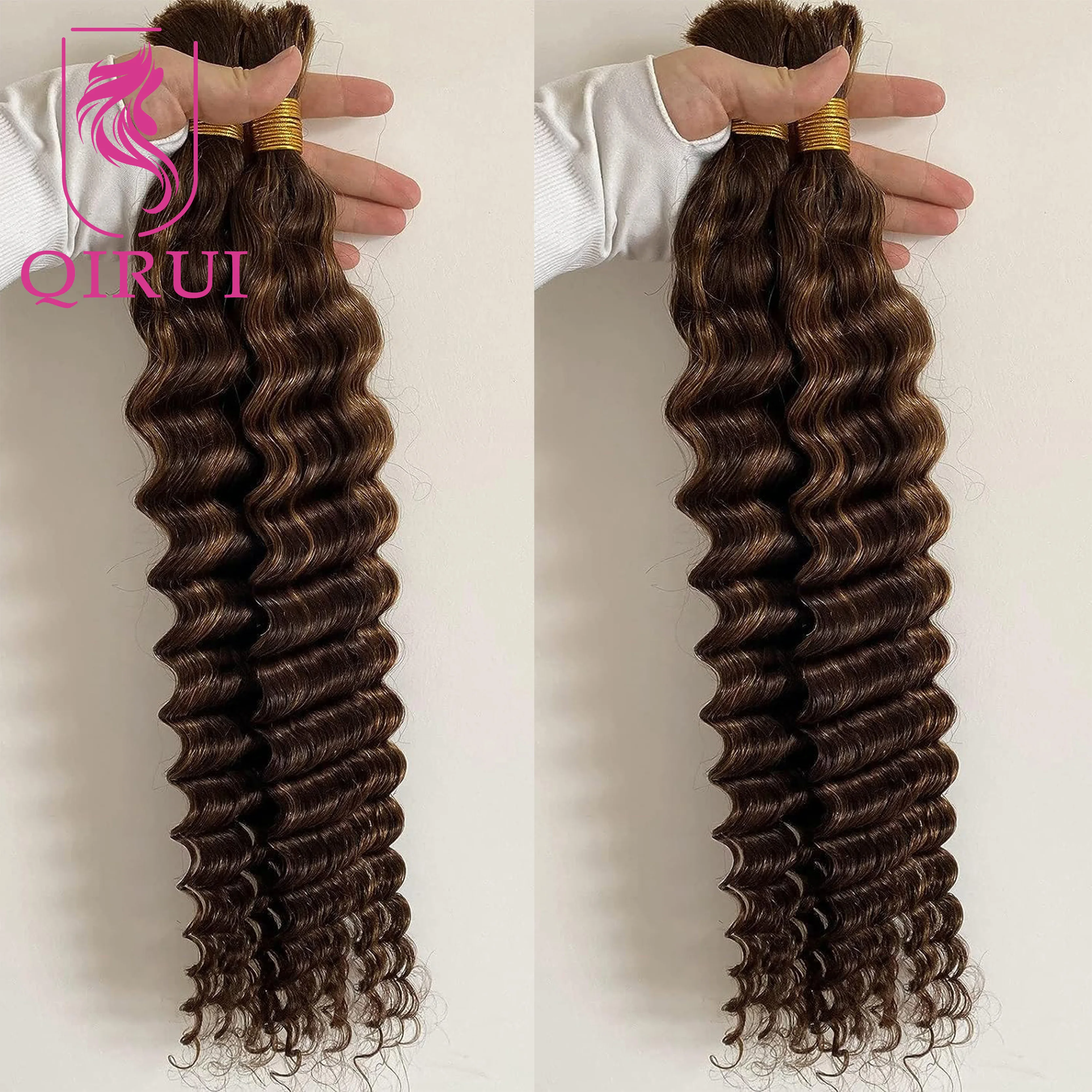 100% Human Hair Highlights Bulk Hair For Braiding Crochet Braids Bundles No Weft Deep Wave Braiding Hair Extension #4/#27 100g