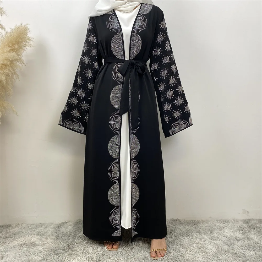 New Ramadan Rhinestone Cardigan Islamic Dresses With Pockets Kebaya Muslim Fireworks Kimono Abaya Dubai Modest Clothing Women