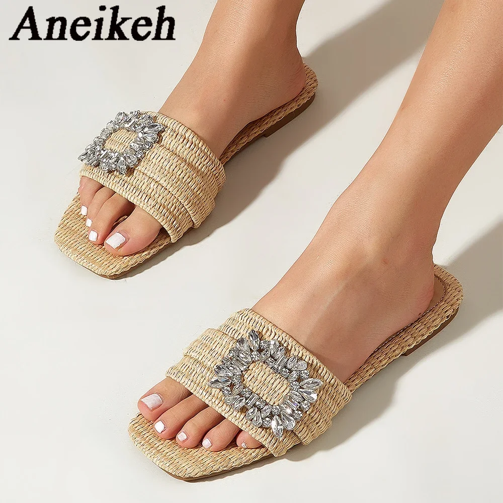 Aneikeh Summer Casual Fashion Square Headed Cane Knitted Flat Heels for Women Slippers Flat Bottom Crystal Sandals Beach Slides