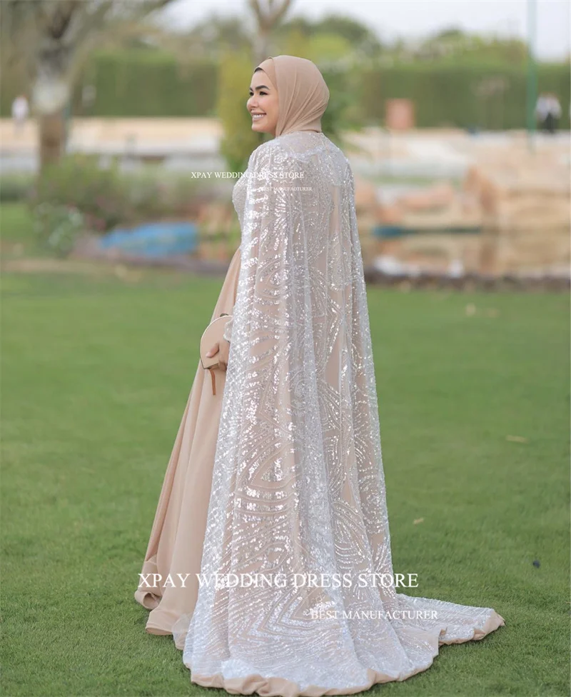 XPAY Glitter Lace Muslim Arabic Evening Dresses Champagne Long Cape Sleeves O-Neck Formal Prom Occcasion Dress Wedding Party