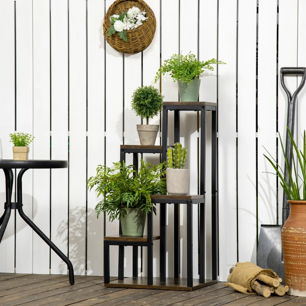 Support à plantes multifonctionnel à 4 niveaux, brun, 40x40x81cm, pour balcon, jardin et espaces intérieurs