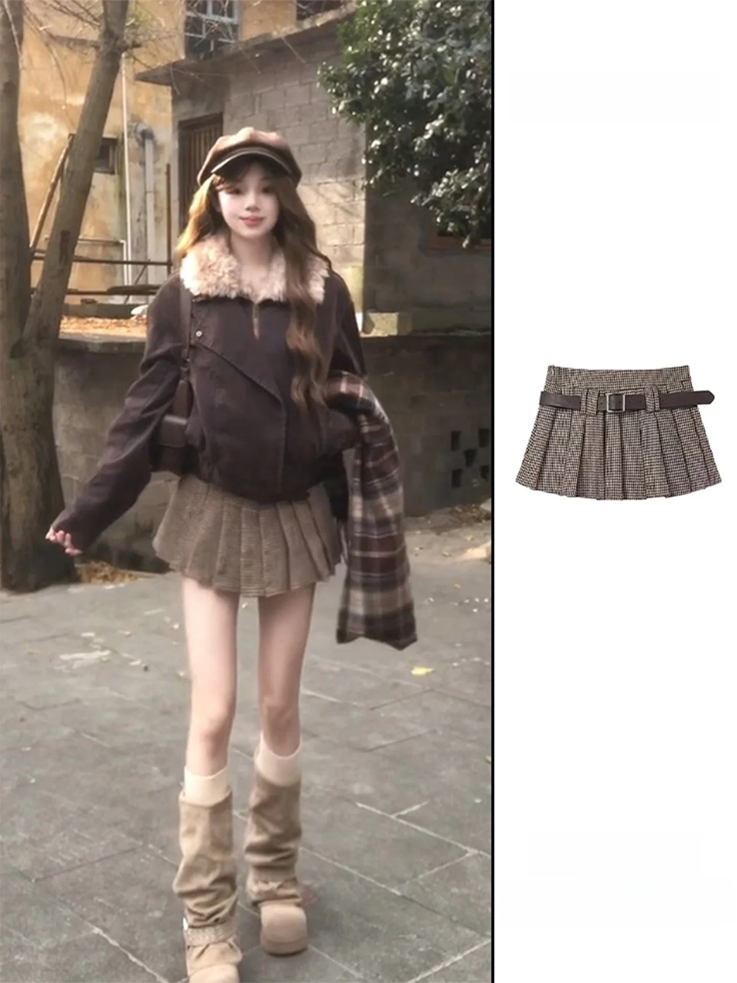 

Retro American Brown Plaid Skirt Women Early Spring Spicy Low Waist A-Line ort Skirt Woolen f-length Skirt