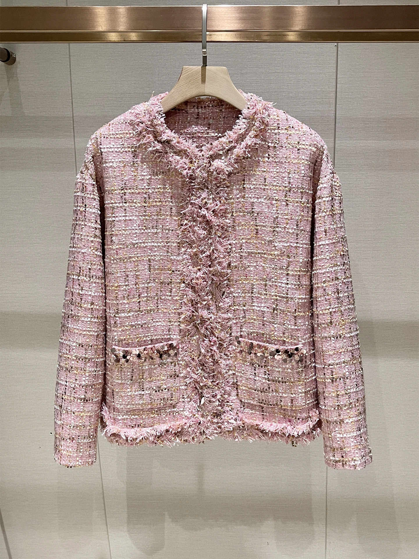 

Long Sve round Ne Coat in Pink for Women Winter Commute Sle Straight Cut Outerwear with Fringe Design