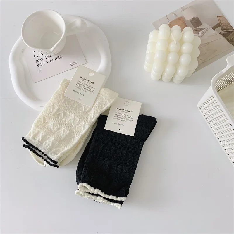 Women's Socks Spring Summer Simple Socks Flower Edge Fashion Sock Breathable Mid-tube Stocking Thin Cotton Solid Color Wholesale