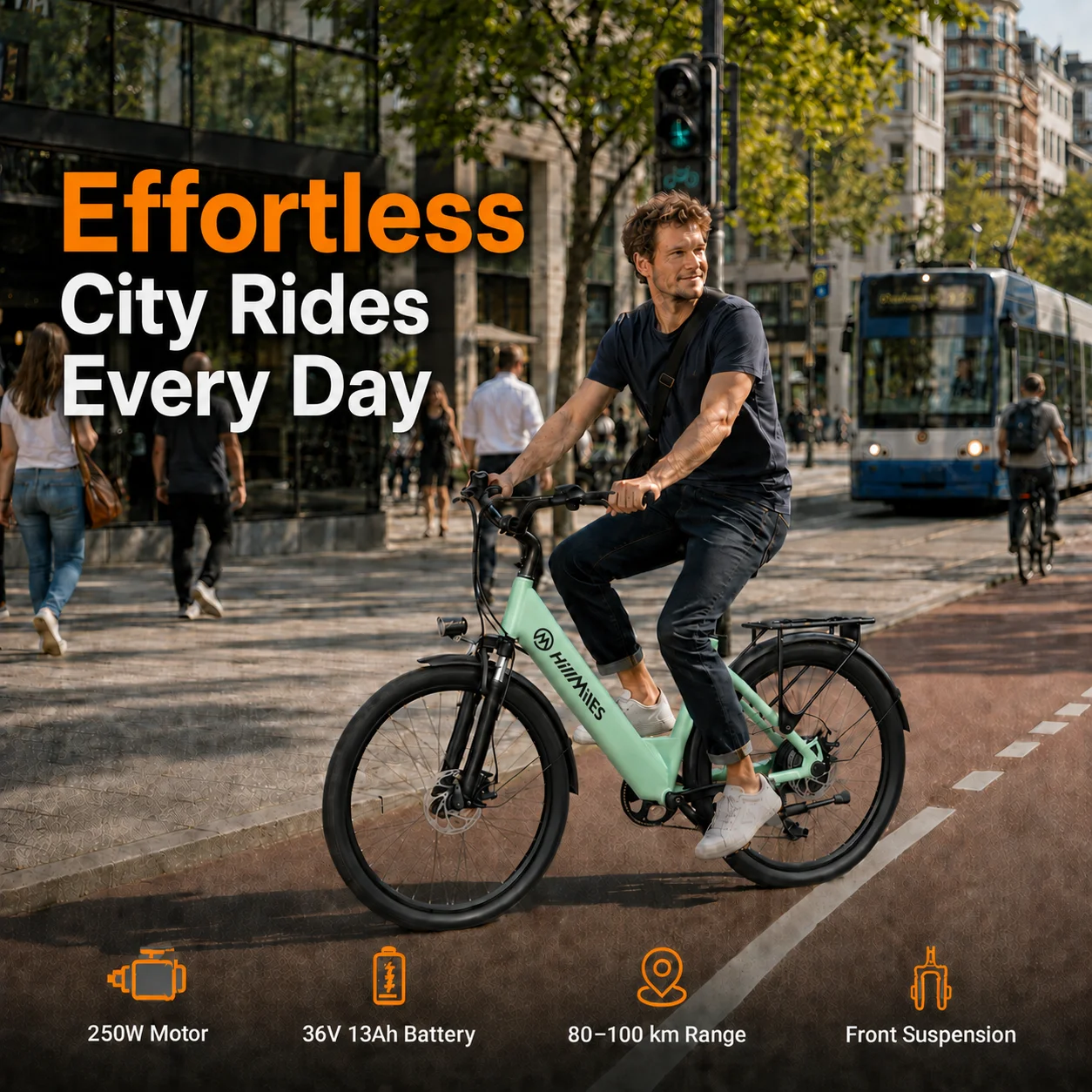 HillMiles MileCity 1 Bicicleta Eléctrica de 26", 250W 38Nm 36V13Ah Batería Extraíble, Autonomía de Hasta 80–100 Km, 7 Velocidades, Suspensión Delantera, Freno de Disco Mecánico, Bicicleta Eléctrica Urbana, 25km/h EPAC.