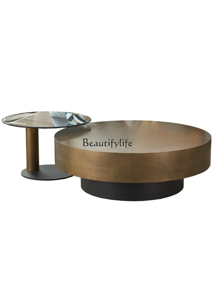 

Italian Minimalist Bronze Stainless Steel Glass Coffee Table Living Room round Child and Mother Size Nested Tables