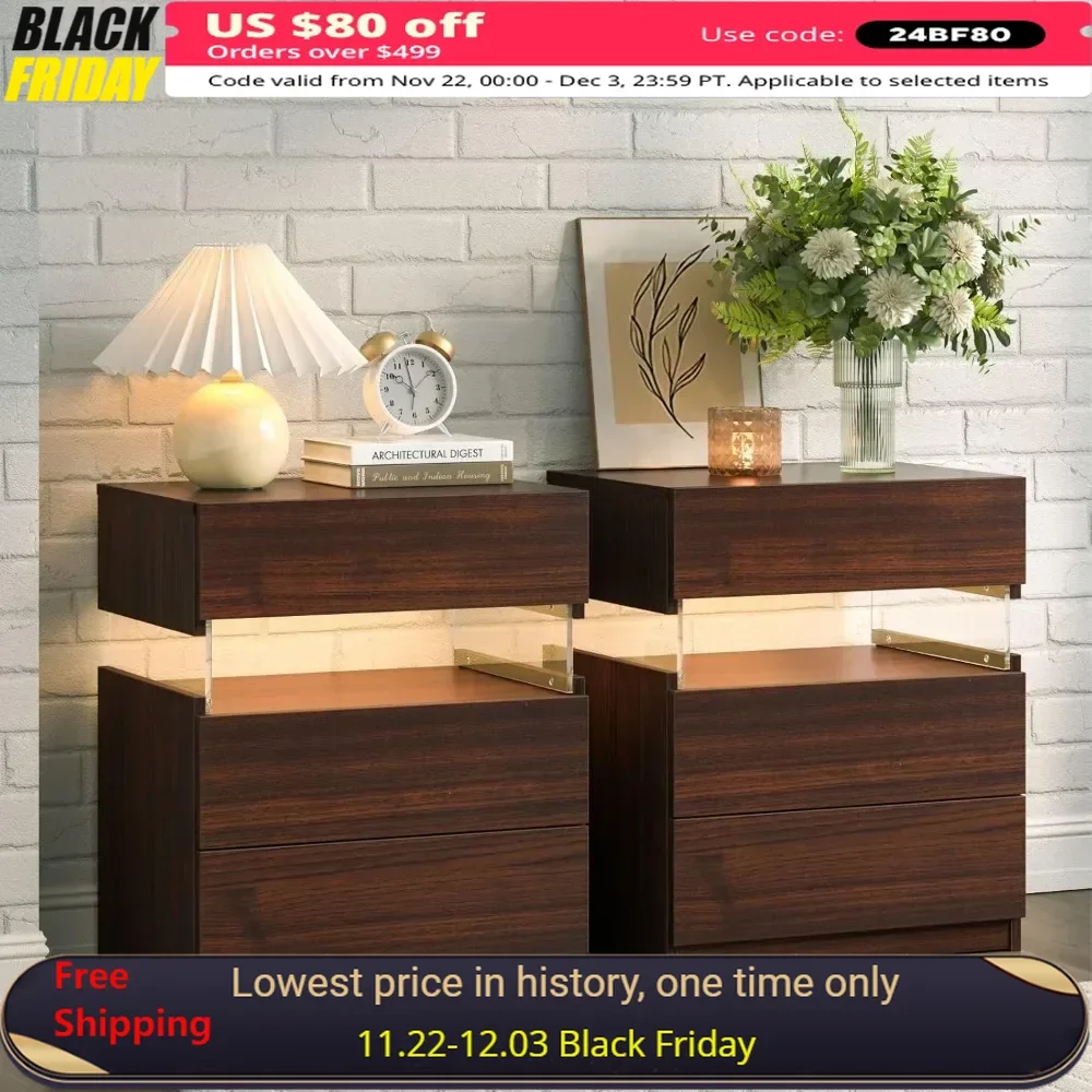 

Nightstand Set of 2 with 3 Drawers Modern Bedside Table End Side Table for Bedroom LED Night Stand