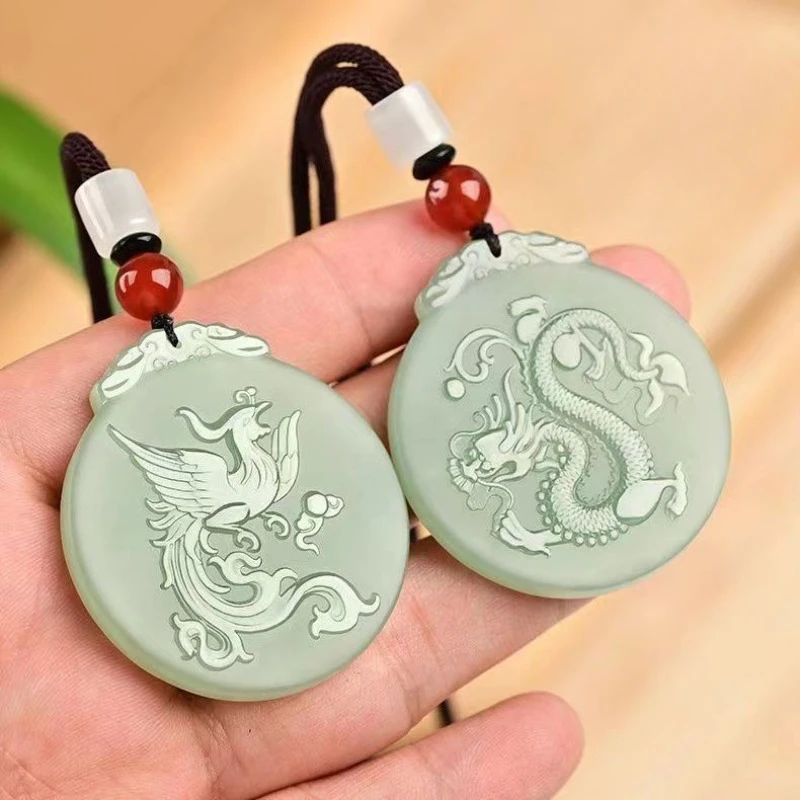 Afghanistan Jade Dragon and Phoenix Brand Pendant Jade Pendant Zodiac Dragon Blue White Men's and Women's Couple Pendant