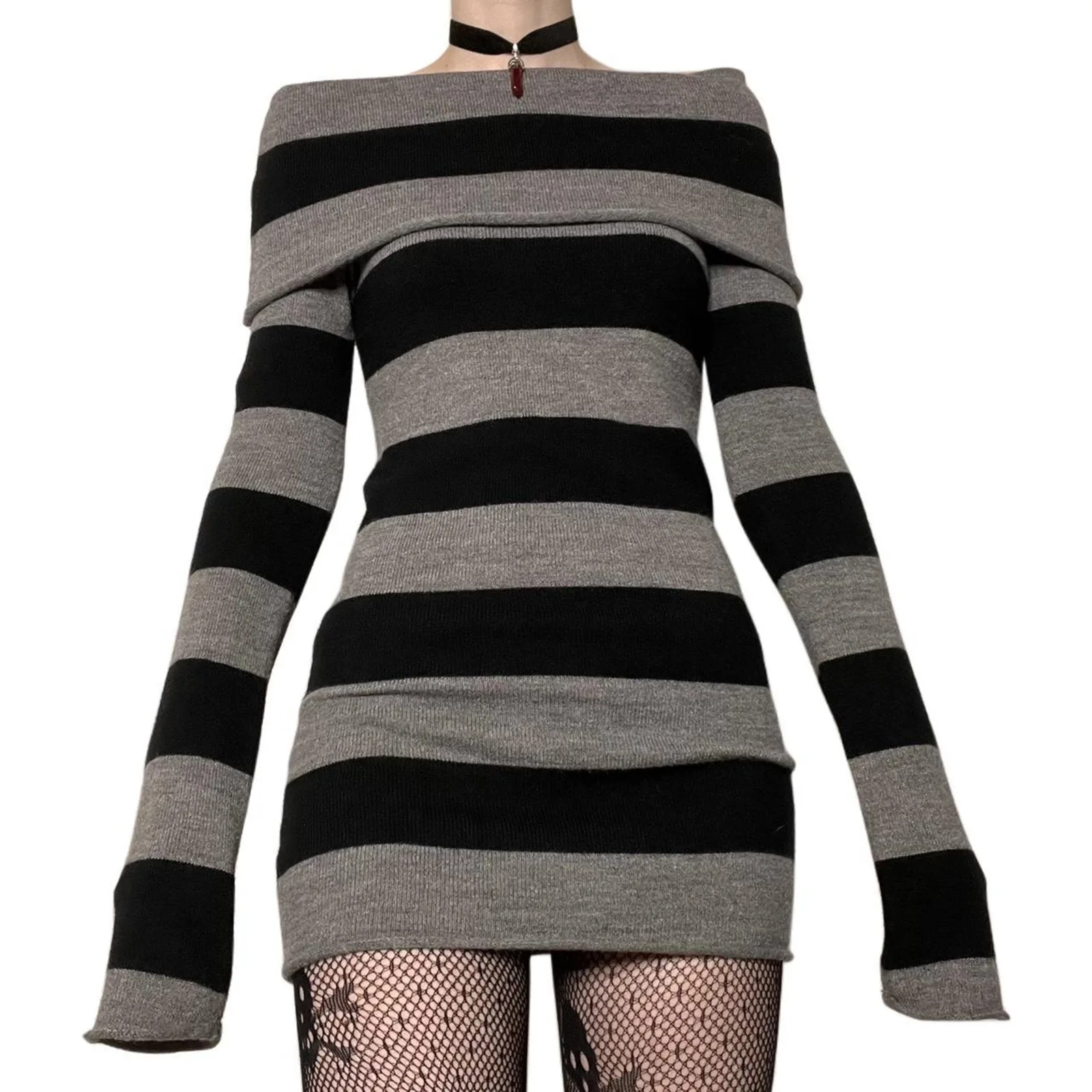 

Women Knitting Striped Dress 2025 Autumn Winter New Y2K Dress Collared Off Shoulder Slim Fit Waist Cinched Knit Dress For Women
