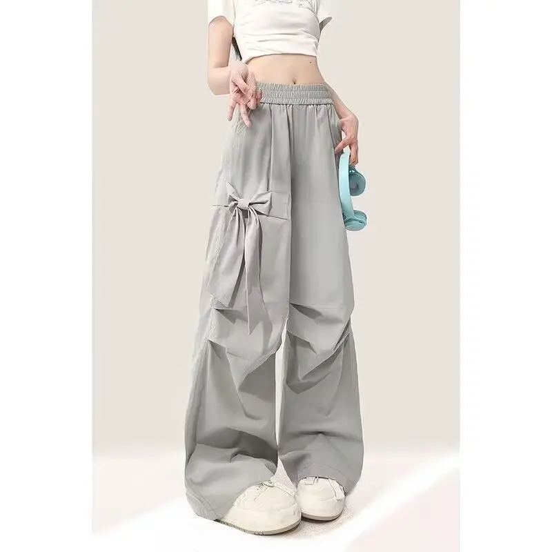 Women Summer Bow Gray Work Pants Student Girl High-Waist Wide-Leg Pants Woman Casual Sports Long Pants Teen Loose Lady Casual