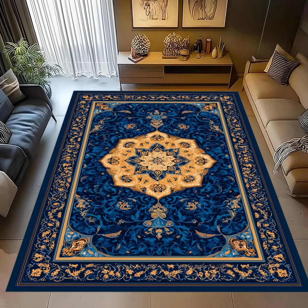 Blue Vintage Persian Floral Ornament graphics carpet,living room sofa zone,bedside space,dining area Welcome rug,NonSlip Rug