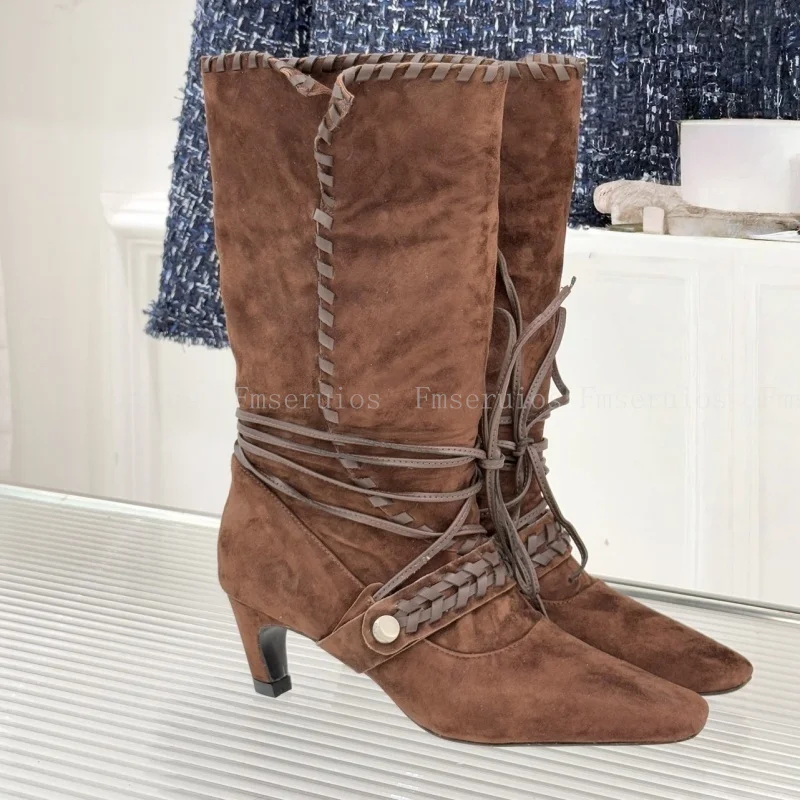 موضة ريترو النساء حذاء من الجلد أشار تو كعب منخفض أحذية بوت قصيرة جلد الغزال مشبك حزام تصميم أنيق جودة الأحذية الغربية #2