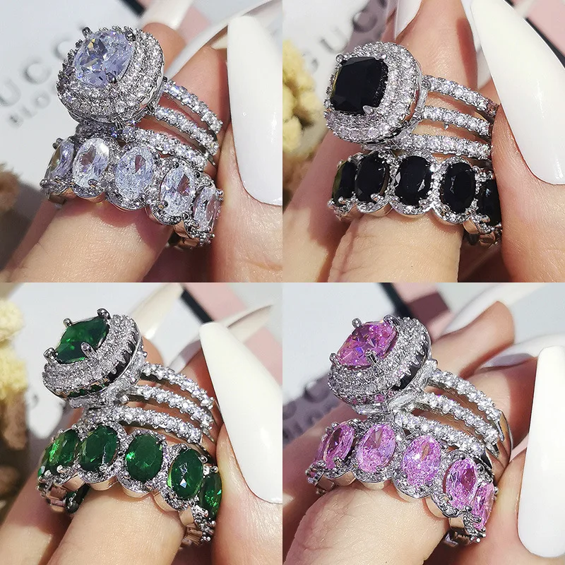 

Elegant Antique Design Women Double Rings Stone Emerald Promise Engagement Wedding Band Rings Antique Party Jewelry