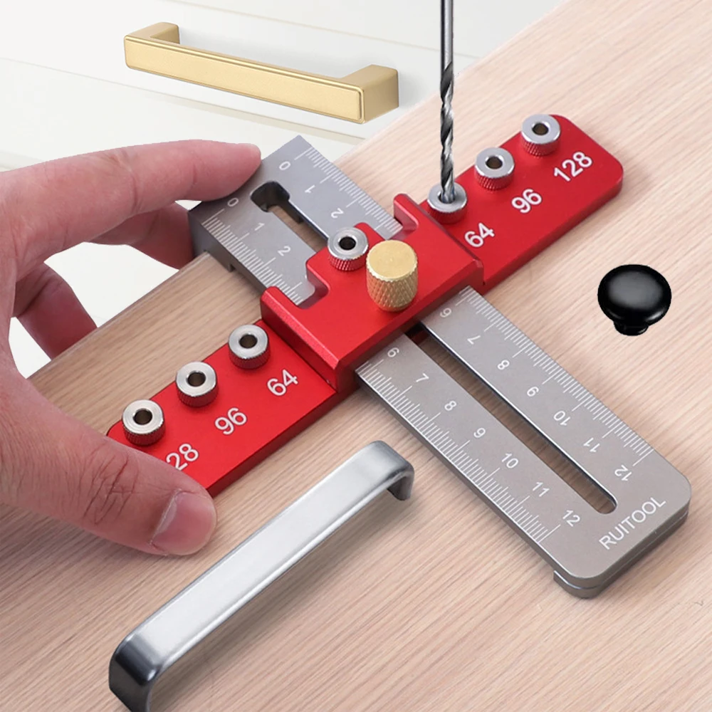 

Adjustable Drill Guide Jig for Cabinet Handles, 128mm/96mm/64mm Hole Punch Locator Template with Ruler for Drawer Pulls & Knobs