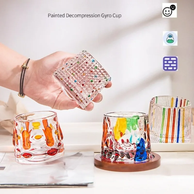 Creative Spinning Tumbler with Coaster Whiskey Glass Colorful Anti Stress Gyroscopic Cup Unbreakable Spin Top Glass Relaxation