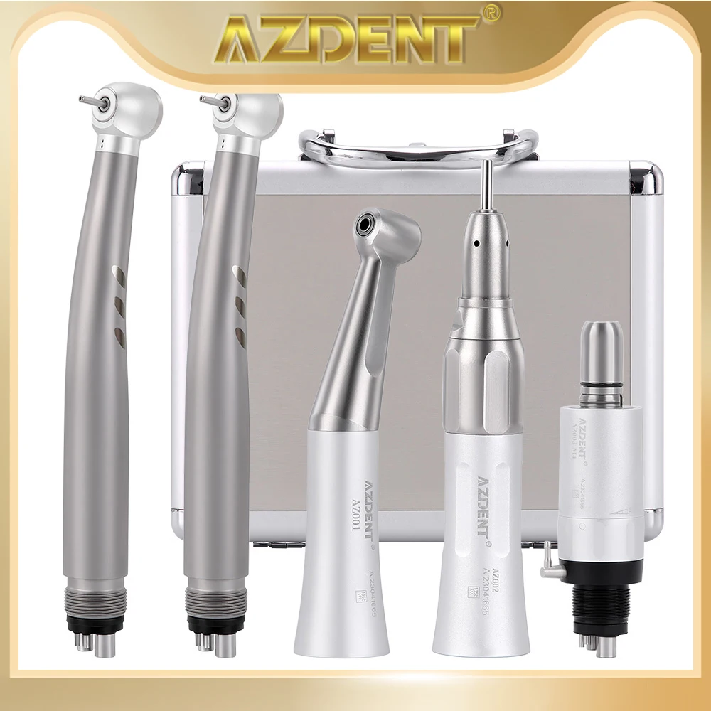 AZDENT Dental High & Low Speed Handpiece Set 2/4 Holes Ring LED Lamp Generator Standard Head Push Button Contra Angle Air Motor