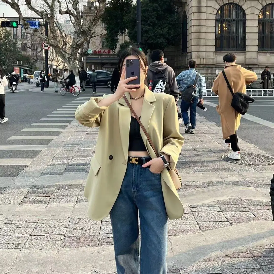 

Женский двубортный универсальный универсальный костюм средней длины в весенне-осеннем стиле, свободный крой, британский модный цельный костюм