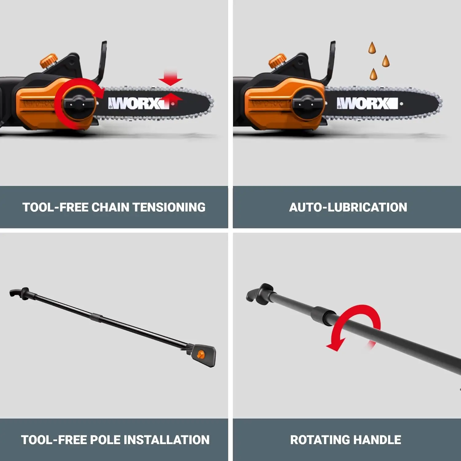 WG323 20V Power Share 10" Cordless Pole/Chain Saw with Auto-Tension (Battery & Charger Included)