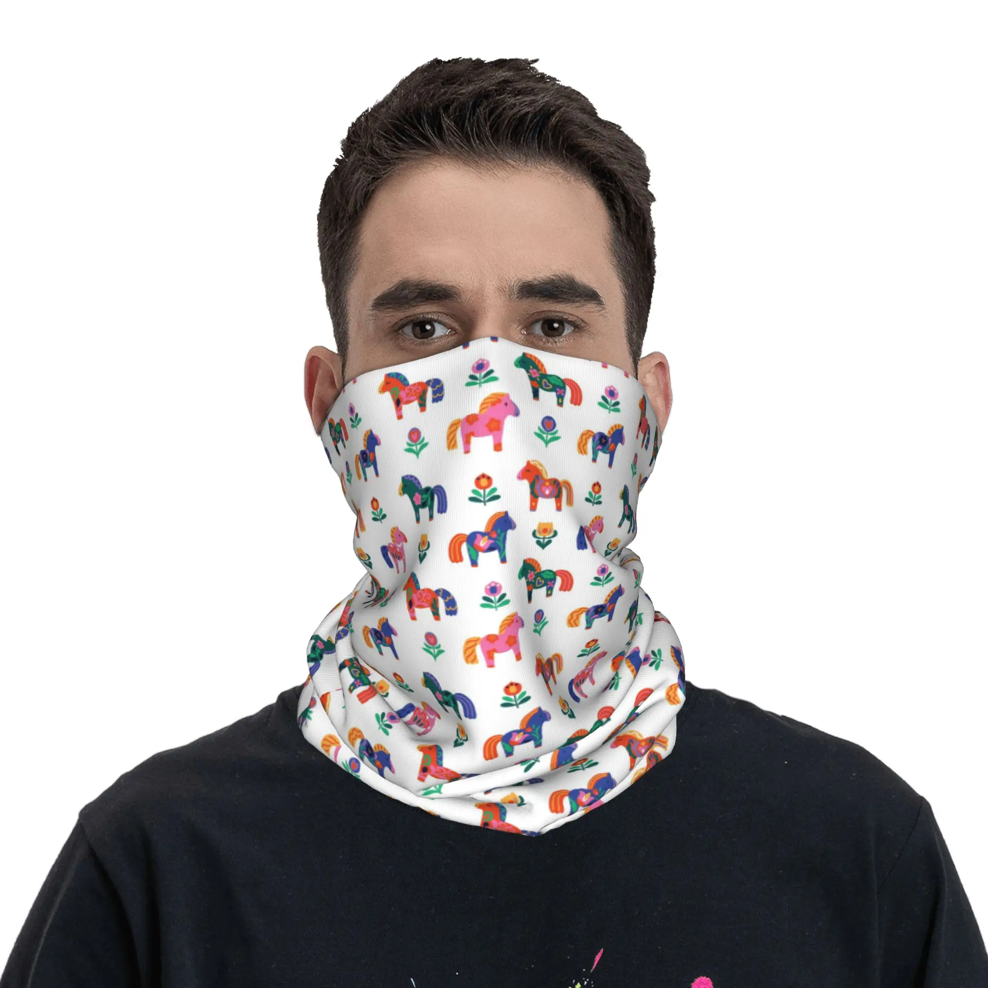Floral Swedish Dala Horses Bandana Neck Cover Printed Magic Scarf Multifunction Headband Running For Men Women Adult