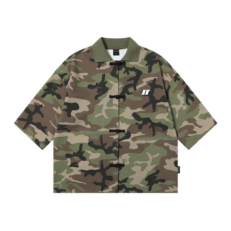 New Chinese Traditional Button Shirt Men's Spring Autumn Camouflage Loose Half Sleeved Shirt Hip-hop High Street Cool Outfit