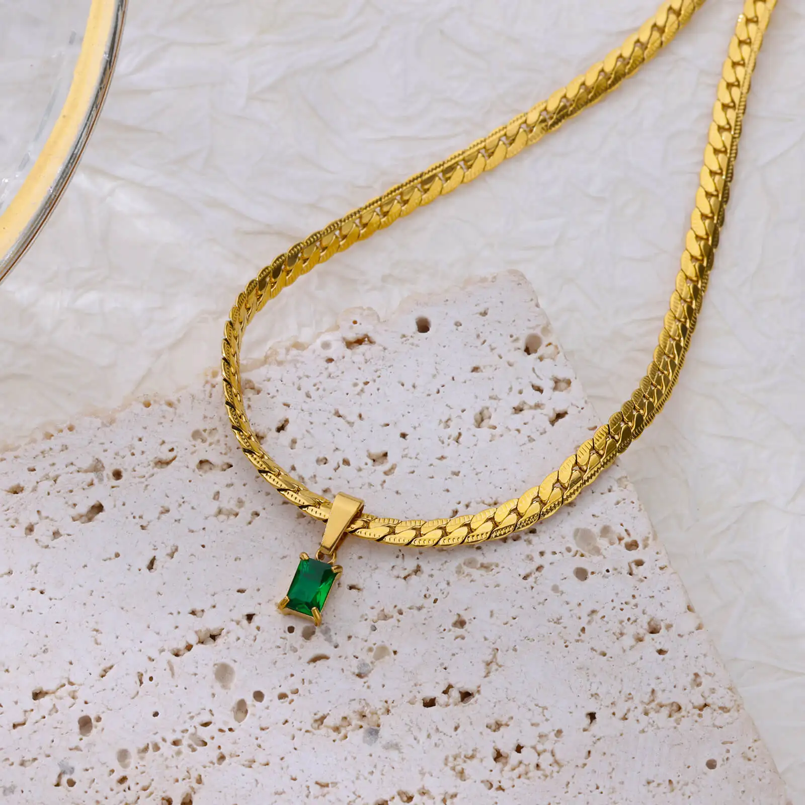 Green Cubic Zirconia Pendant Necklaces For Women Stainless Steel Chain Collar Necklace Fashion Temperament Jewelry