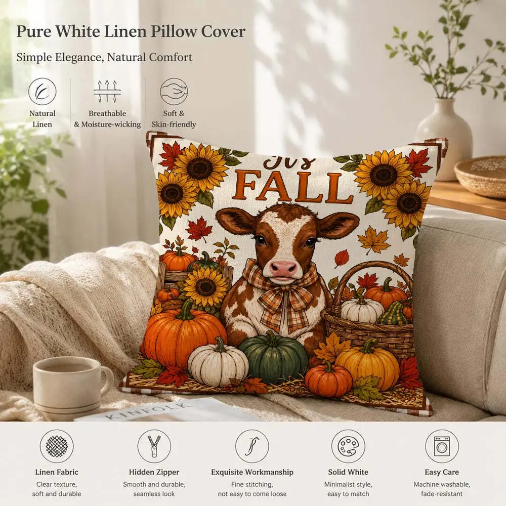 Thanksgiving Cow Pumpkin Cushion Cover Natural Linen Pillow Case Organic Fabric Double Sided Print Sofa Home Decor Gift