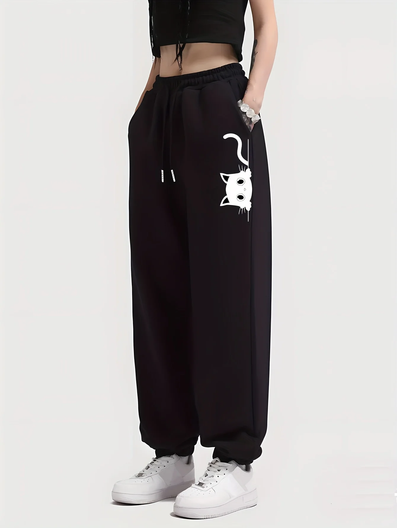 Black Cat Pattern Casual Jogger Pants Drawstring Elastic Waist Slant Pockets Sports Sweatpants Women's Athleisure