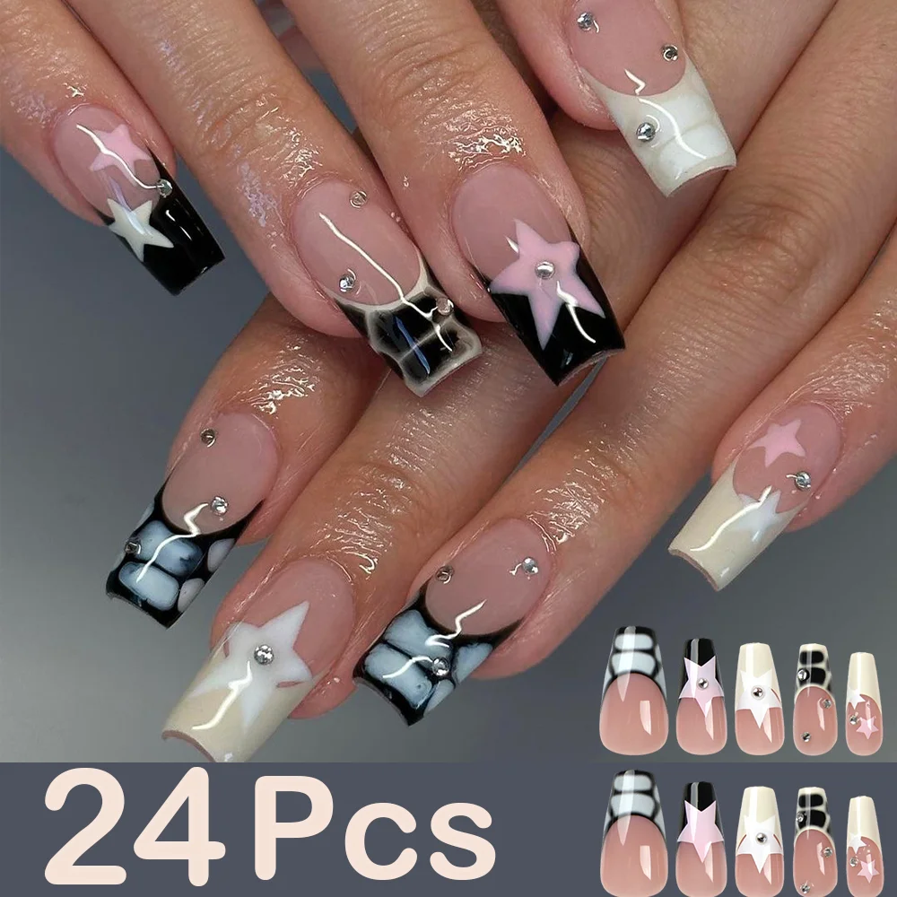 

24Pcs French Pink Press On Nails Diamond Long Coffin False Nails Star Spicy Girl Y2K Winter Covered Nail Tips