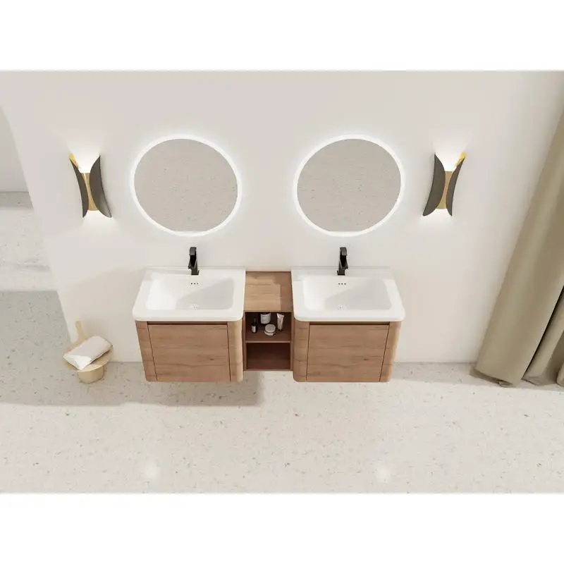 60" Wall-Mounted Bath Vanity with White Sink, Storage Shelves & Soft-Close Door, Plywood, KD Packing