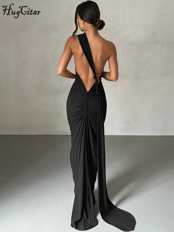 Vestido largo sexy de un hombro sin espalda con bufanda ajustable y fruncido, elegante para mujer, outfit Y2K para festival 5
