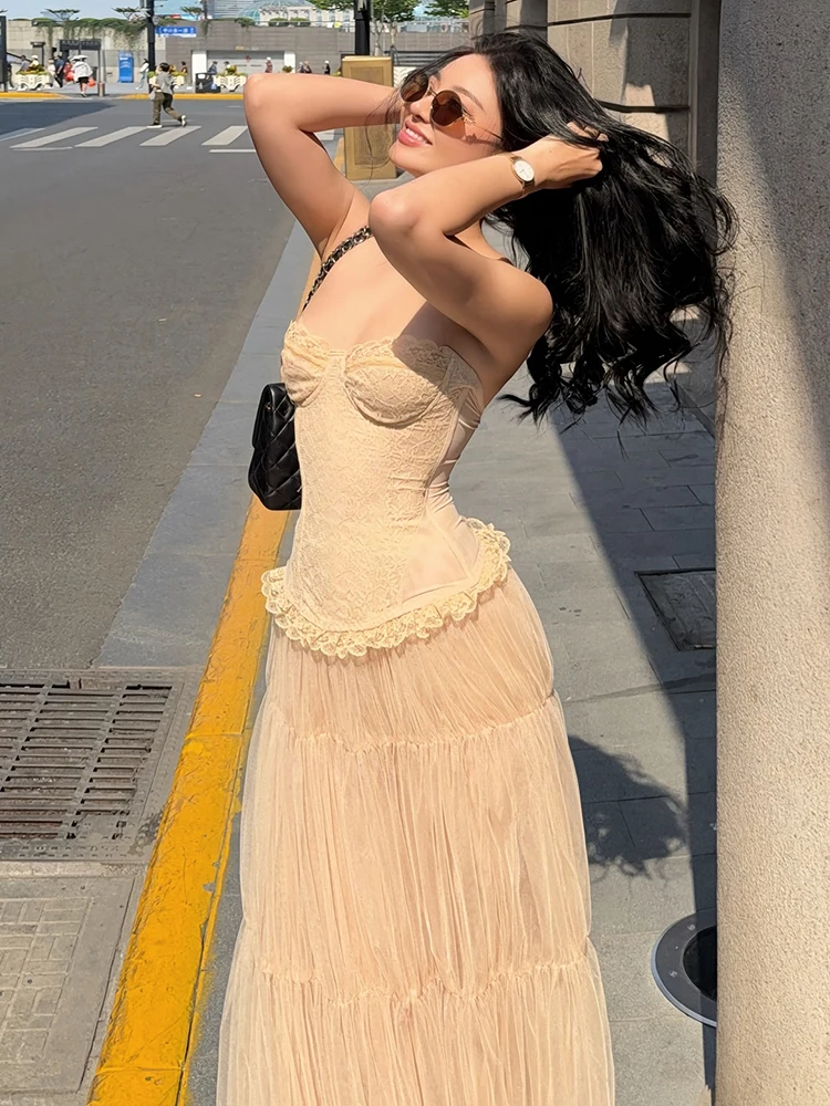 Macheda Y2K スイートスタイル 2 点セット女性オフショルダーフリル裾コルセットトップス + シャーリングドレープメッシュスカートマッチングエレガントなスーツ