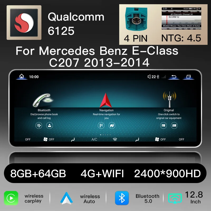 12,8" 2400*900 Snapdragon 6125 Draadloze CarPlay Android 14 Autoradio voor Mercedes Benz E-Klasse C207 W207 A207 NTG 4.0 4.5 5.0 2-deurs Multimedia GPS Navigatie Head Unit Stereo WiFi 4G Audio