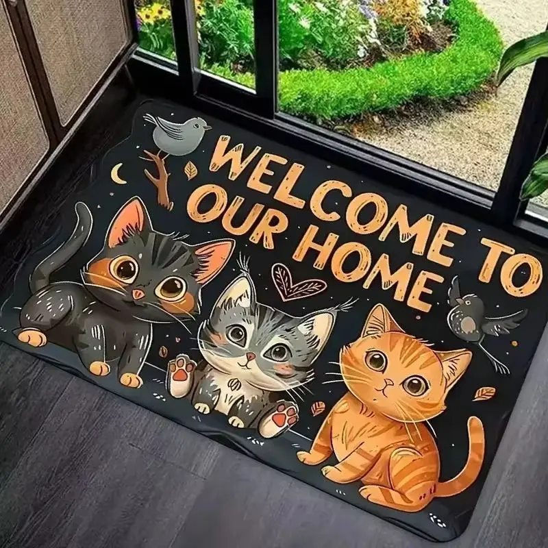 VIKAMA Welcome to Our Home Cartoon Cat Door Mat Cute Kitten Bird Welcome Rug Entryway Floor Mat Non Slip Soft Pet Lover Decor