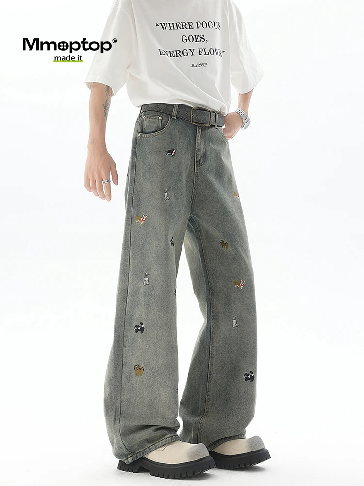 

MMOPTOP Casual Summer Denim Jeans Men's Versatile Straight Leg Long Pants Embroidered Dogs Waed Draped Loose Fit Youth Trend