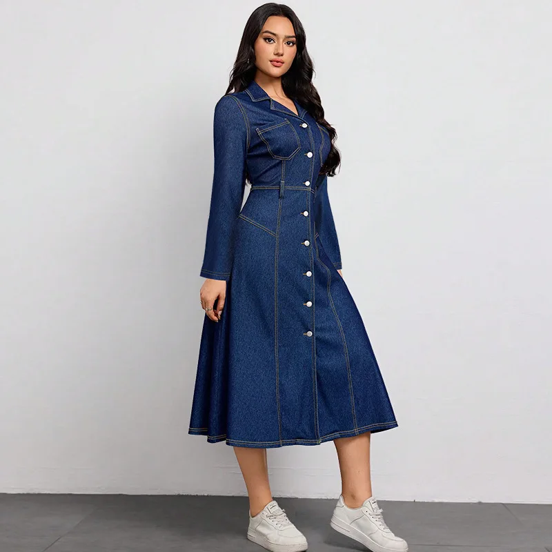 

High Quality Women's Denim Dress, 2026 Spring New Long Sleeve Slim Waist Lightweight Elegant Fashion Commute Style A-Line Dress